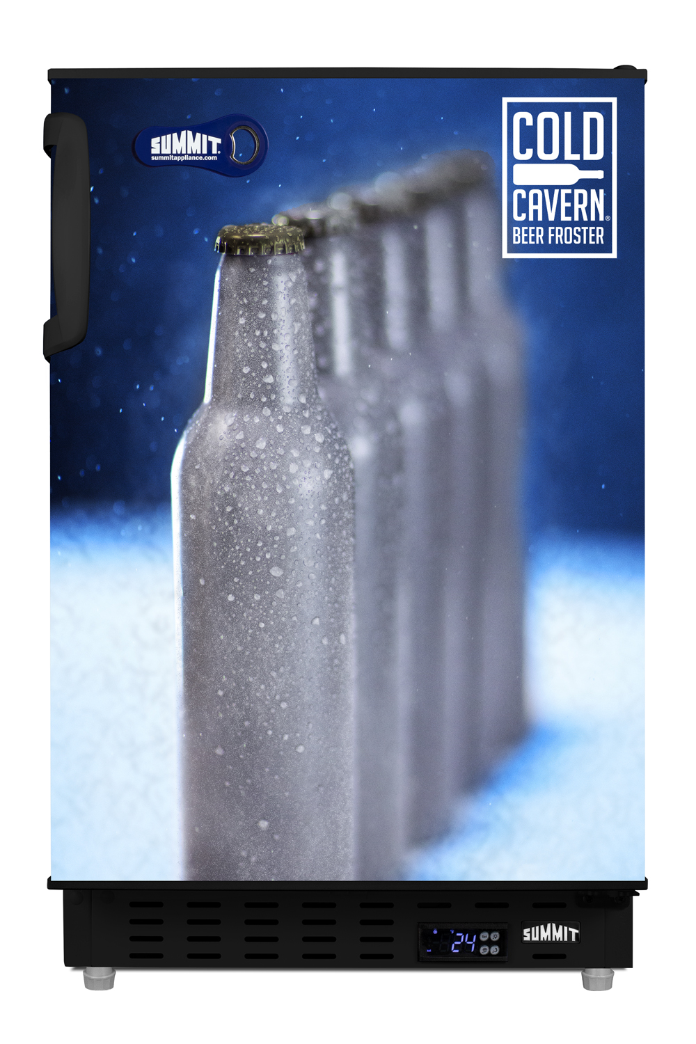 COLD CAVERN beer froster, Summit's built-in undercounter ADA compliant freezer that stores aluminum bottled beer at 24 F; manual defrost operation with door decal and black cabinet finish